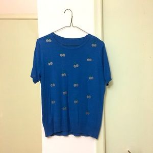 Medium Blue Sweater Jeweled with Golden Cherries